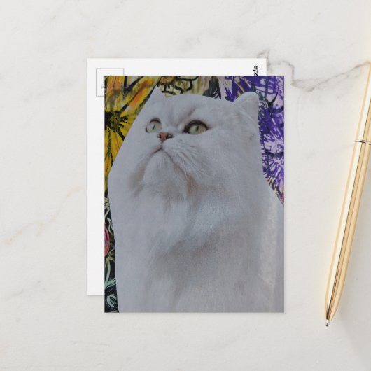 Wunderschöne weiße Katze in Blumen-Collage Postkarte (Vorderseite/Rückseite Beispiel)