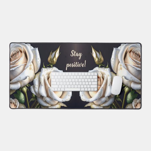 Wunderschöne weiße Rosen mit goldenen Details Schreibtischunterlage (Tastatur & Maus)