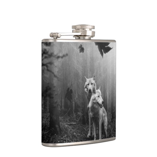 Wunderschöne Wölfe Schwarz und Weiß Leaf uns allei Flachmann (Rechts)