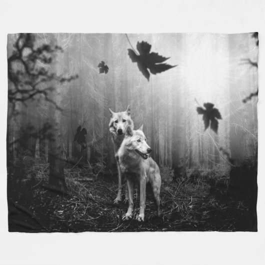 Wunderschöne Wölfe Schwarz und Weiß Leaf uns allei Fleecedecke (Vorderseite (Horizontal))