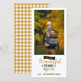 Wunderschöne Zeit Mustard Gingham Holiday Foto Karte