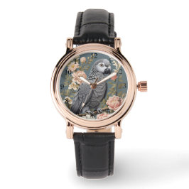Wunderschöner afrikanischer Grau-Papagei mit elega Armbanduhr