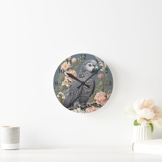 Wunderschöner afrikanischer Grau-Papagei mit elega Runde Wanduhr (Zuhause)