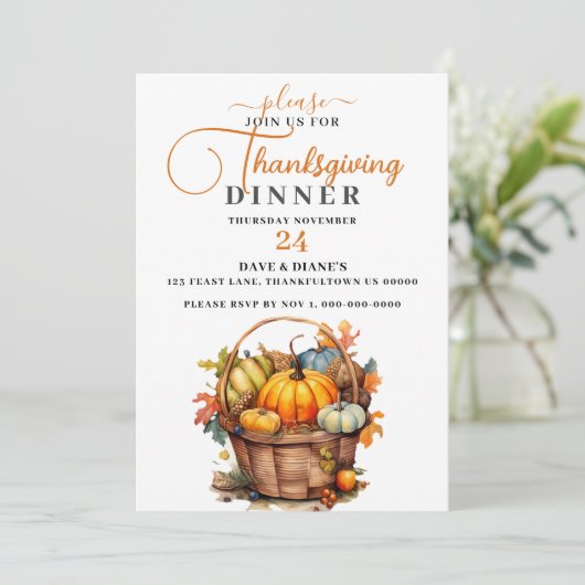 Wunderschöner Fall Basket mit Pumpkins Erntedank Einladung (Stehend Vorderseite)