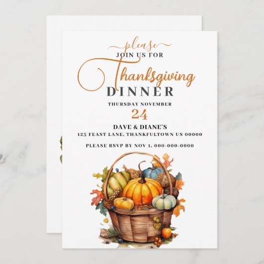 Wunderschöner Fall Basket mit Pumpkins Erntedank Einladung (Vorne/Hinten)