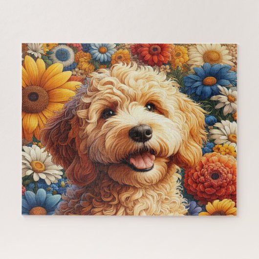 Wunderschöner Goldendoodle-Hund mit Blumen Puzzle (Horizontal)