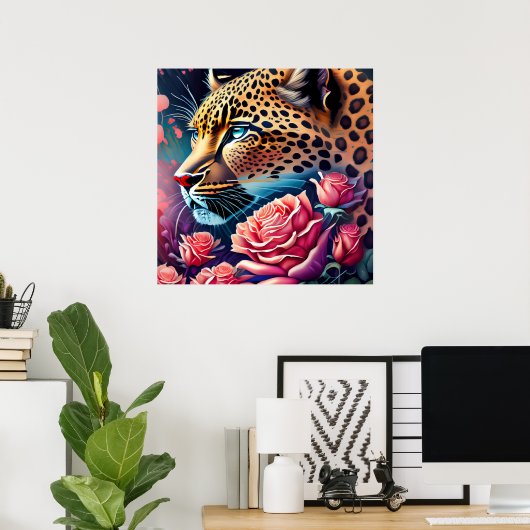 Wunderschöner Mit Augen Leopard mit Rose Malerei Poster (Heimbüro)