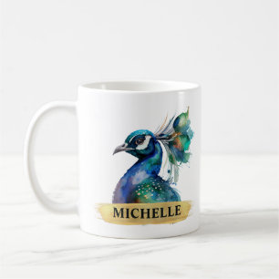 Wunderschöner Wasserfarben-Pfau und goldener Pinse Kaffeetasse