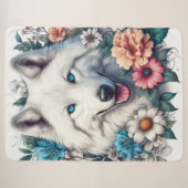 Wunderschöner Weißer Wolfshund mit Blume Sherpadecke (Vorderseite (Horizontal))