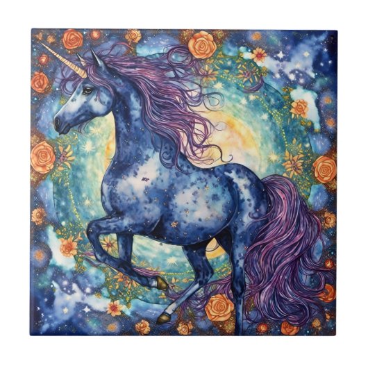 Wunderschönes blaues Einhorn Fliese (Vorderseite)