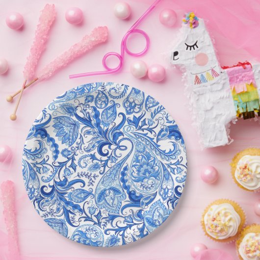Wunderschönes blaues Floral Paisley Kunstmuster Pappteller (Party)
