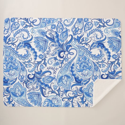 Wunderschönes blaues Floral Paisley Kunstmuster Sherpadecke (Vorderseite (Horizontal))