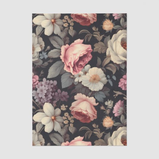 Wunderschönes Blumenmuster auf dunklem Hintergrund Seidenpapier (Vorderseite)