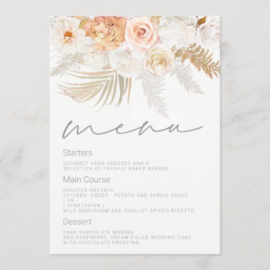 Wunderschönes Blush-, Gold- und Elfenbeinmenü Menükarte (Vorderseite)