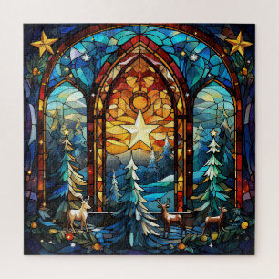 Wunderschönes Buntglas Winter im Wald Puzzle