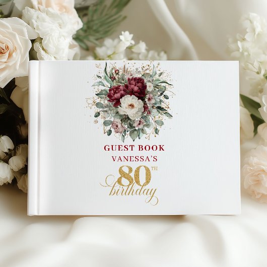 Wunderschönes Burgunder Blumen Gästebuch zum 80. G