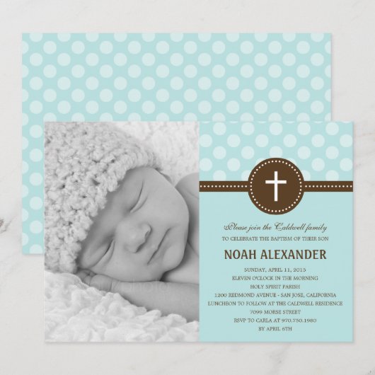 Wunderschönes Dots Foto Einladung Blau (Vorne/Hinten)