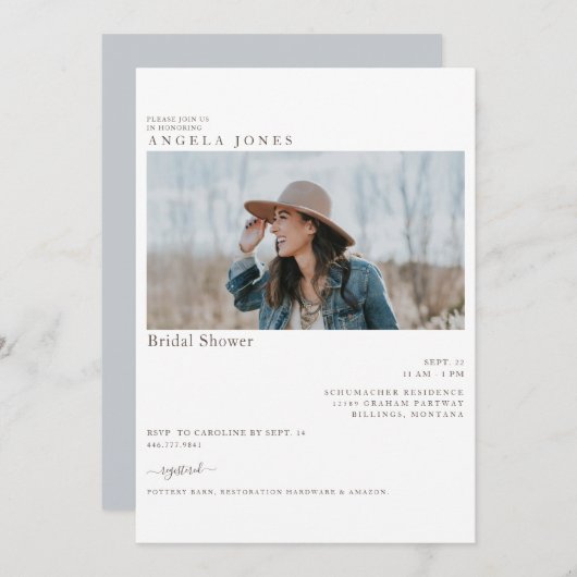 Wunderschönes Dusty Blue Modern Foto Brautparty Einladung (Vorne/Hinten)