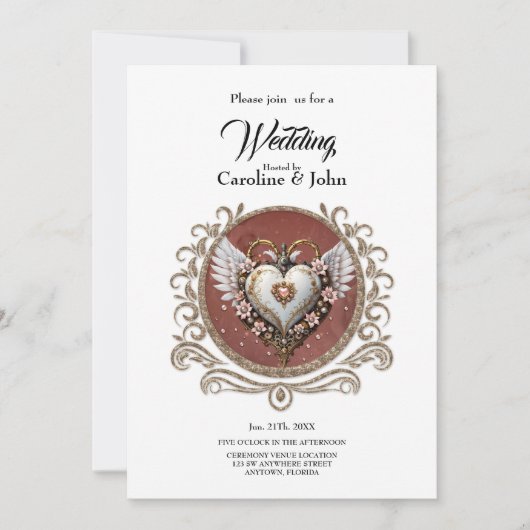 Wunderschönes edles Steampunkherz mit Flügeln Einladung (Vorderseite)