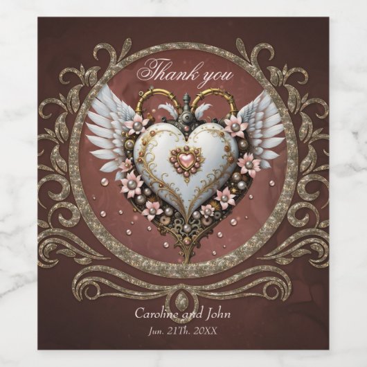 Wunderschönes, edles Steampunkherz mit Flügeln. Weinetikett (Einzelnes Label)