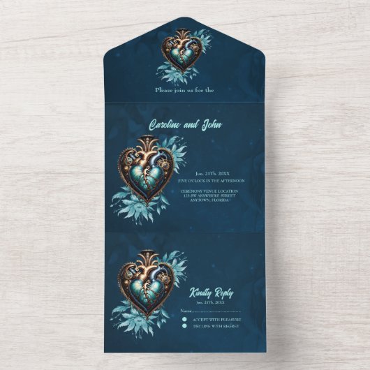 Wunderschönes elegantes Steampunkherz. All In One Einladung (Innen Boden)