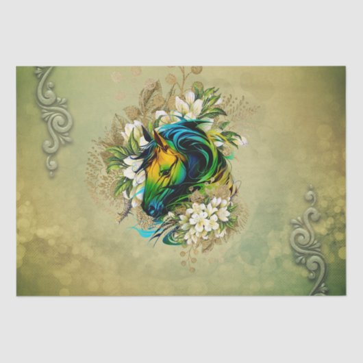 Wunderschönes, farbenfrohes Pferd mit Blume Seidenpapier (Vorderseite)