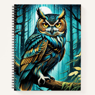 Wunderschönes, gekröntes Owl mit Bäumen und Vollmo Notizblock