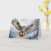 Wunderschönes graues Owl kommt für eine Landung Bl Karte (Gelbe Blume)