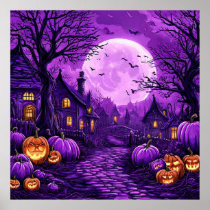 Wunderschönes Halloween-Abend mit glühenden Kürbis Poster