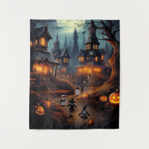 Wunderschönes Halloween-Dorf mit Trick oder Treate Wandteppich
