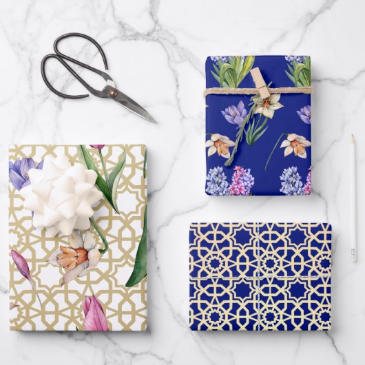 Wunderschönes Indigo & Gold Frühjahrsblüte Geschenkpapier Set (Vorderseite)