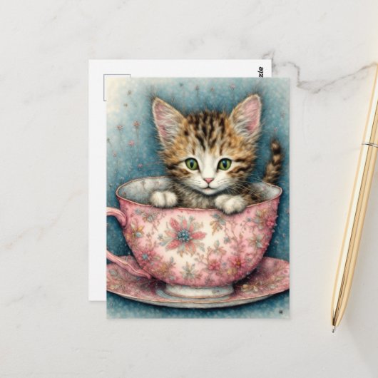 Wunderschönes Kätzchen in einer Teetasse Postkarte (Vorderseite/Rückseite Beispiel)