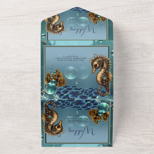 Wunderschönes kleines Steampunk-Seepferd. All In One Einladung (Außenbereich)