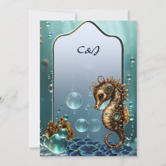Wunderschönes kleines Steampunk-Seepferd. Einladung (Rückseite)