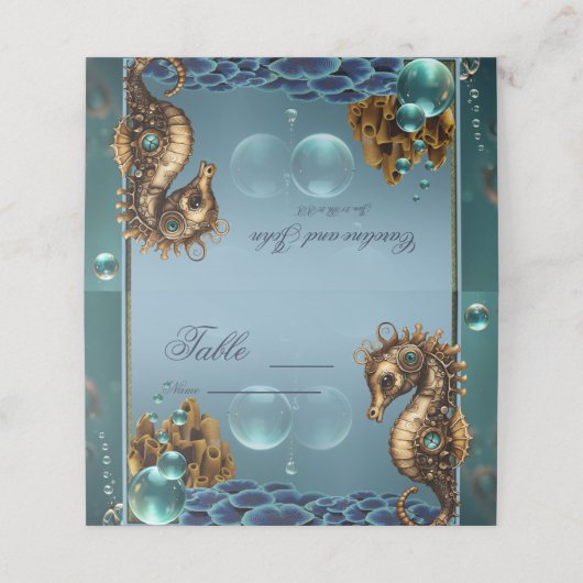 Wunderschönes kleines Steampunk-Seepferd Platzkarte (Außenseite Aufgefaltet)