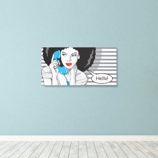 wunderschönes Mädchen, das anruft, hallo, POP Art Leinwanddruck (Insitu (Holzboden))