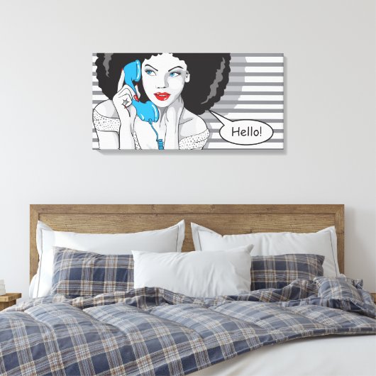 wunderschönes Mädchen, das anruft, hallo, POP Art Leinwanddruck (Insitu (Schlafzimmer))