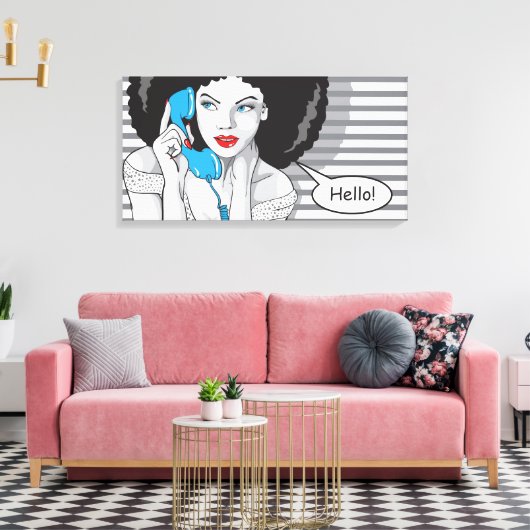 wunderschönes Mädchen, das anruft, hallo, POP Art Leinwanddruck (Insitu (Wohnzimmer))