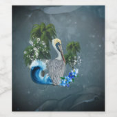 Wunderschönes Pelikan mit Wellen und Palmen Weinetikett (Einzelnes Label)