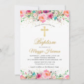 Wunderschönes Pink Gold Floral Girl Taufe Foto Einladung (Vorderseite)