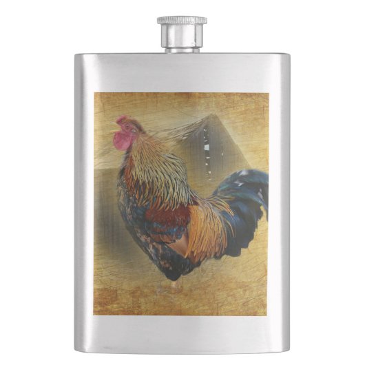 Wunderschönes Rooster und rustikales Hühnercoop Flachmann (Vorderseite)