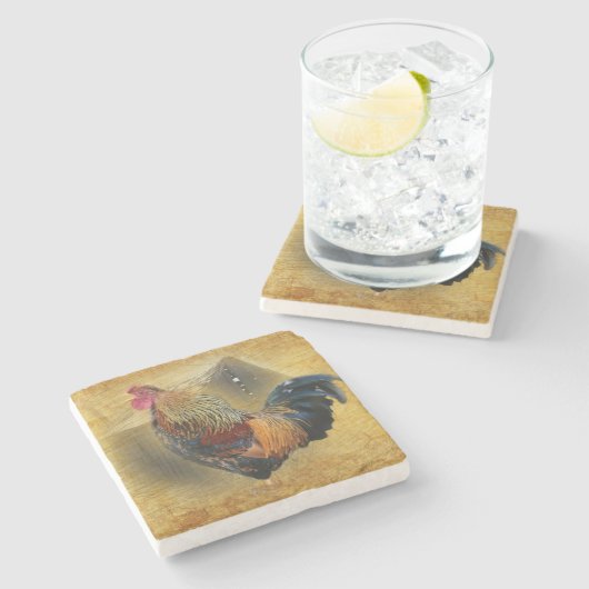 Wunderschönes Rooster und rustikales Hühnercoop Steinuntersetzer (Seitenansicht)