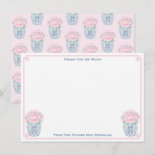 Wunderschönes rosa Pfingstrosen-Ginger-Gefäß-Braut Dankeskarte