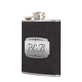 Wunderschönes schwarzes Leder und Silberdruckmonog Flachmann (Links)