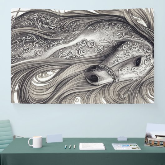 Wunderschönes Verziertes Silbergraupferd mit blühe Banner (Messe)