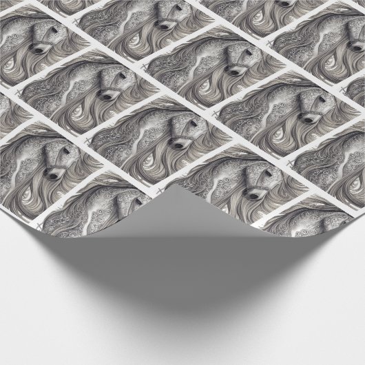 Wunderschönes Verziertes Silbergraupferd mit blühe Geschenkpapier (Ecke)