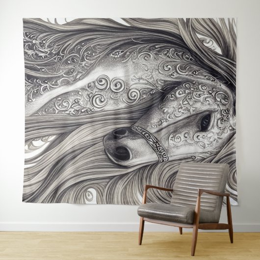 Wunderschönes Verziertes Silbergraupferd mit blühe Wandteppich (Beispiel (Horizontal))