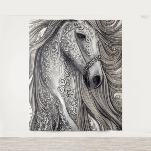 Wunderschönes Verziertes Silbergraupferd mit blühe Wandteppich (Vorderseite)