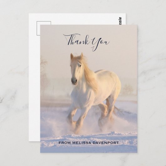 Wunderschönes Weiße Pferd im Schnee Foto Danke Postkarte (Vorne/Hinten)