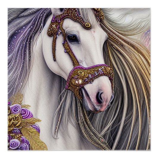 Wunderschönes Weiße Pferd mit Lila und goldenen Ak Poster (Vorderseite)